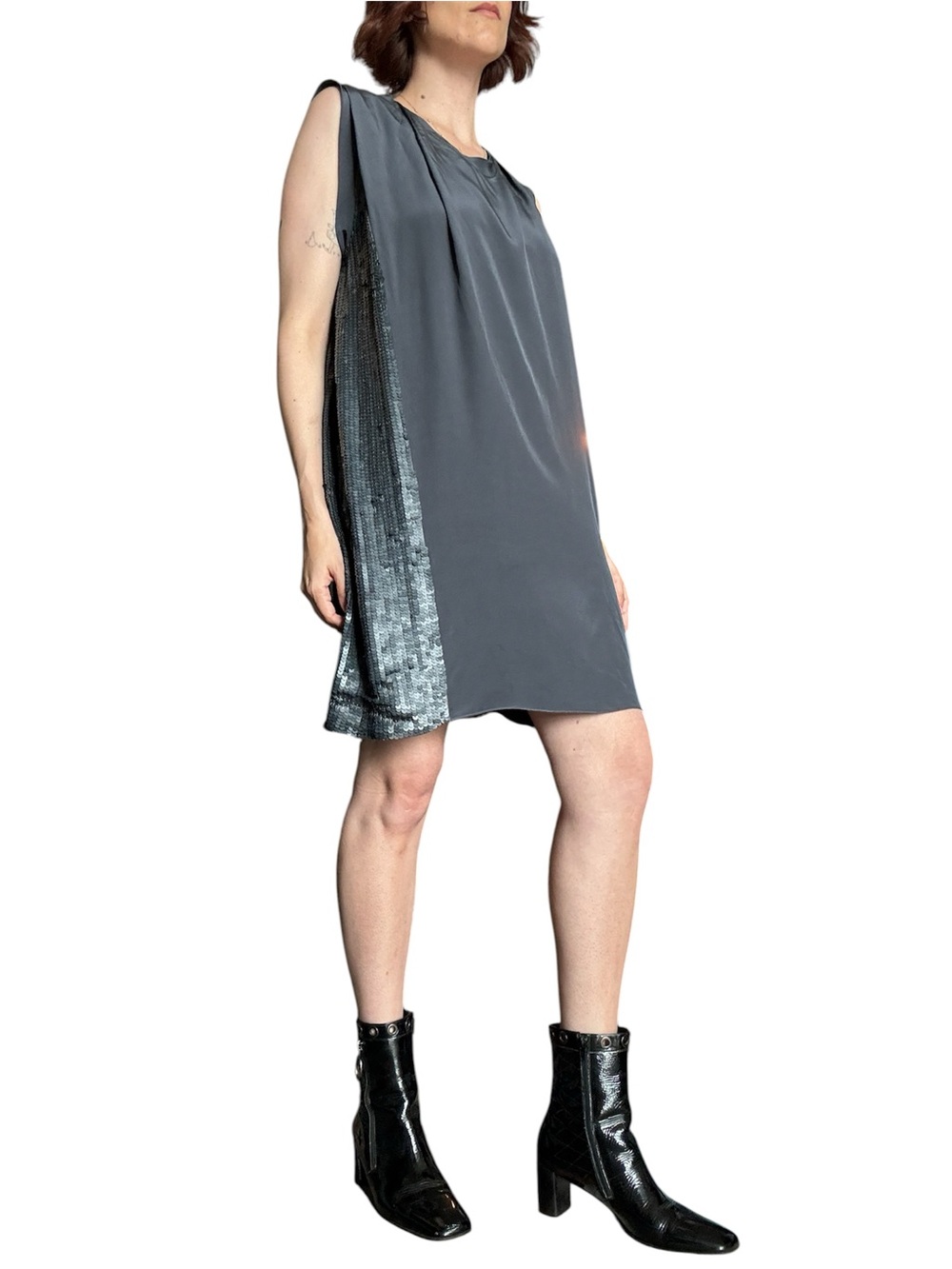 3.1 Phillip Lim Sequin Panel Silk Shift Dress Sz M Gunmetal Grey Cocktail